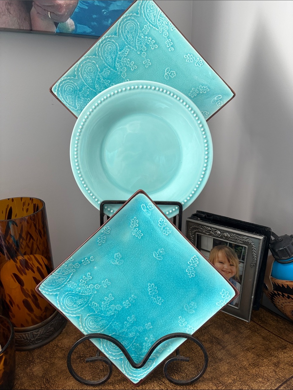 Pier 1 Turquoise Ceramic Dinnerware Set with Beaded Rim and Paisley Motif